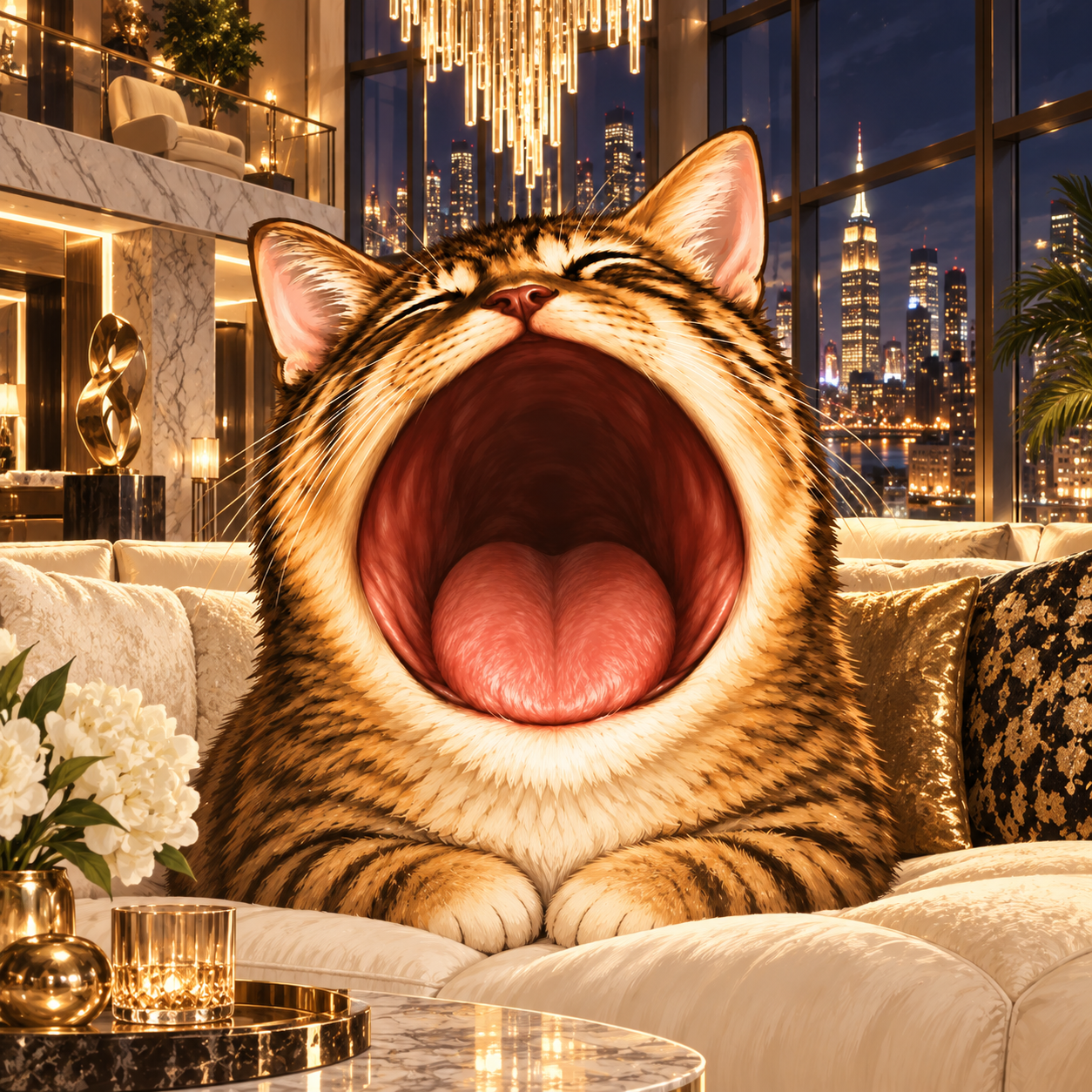 POPCATE in a luxurious penthouse overlooking the city at night