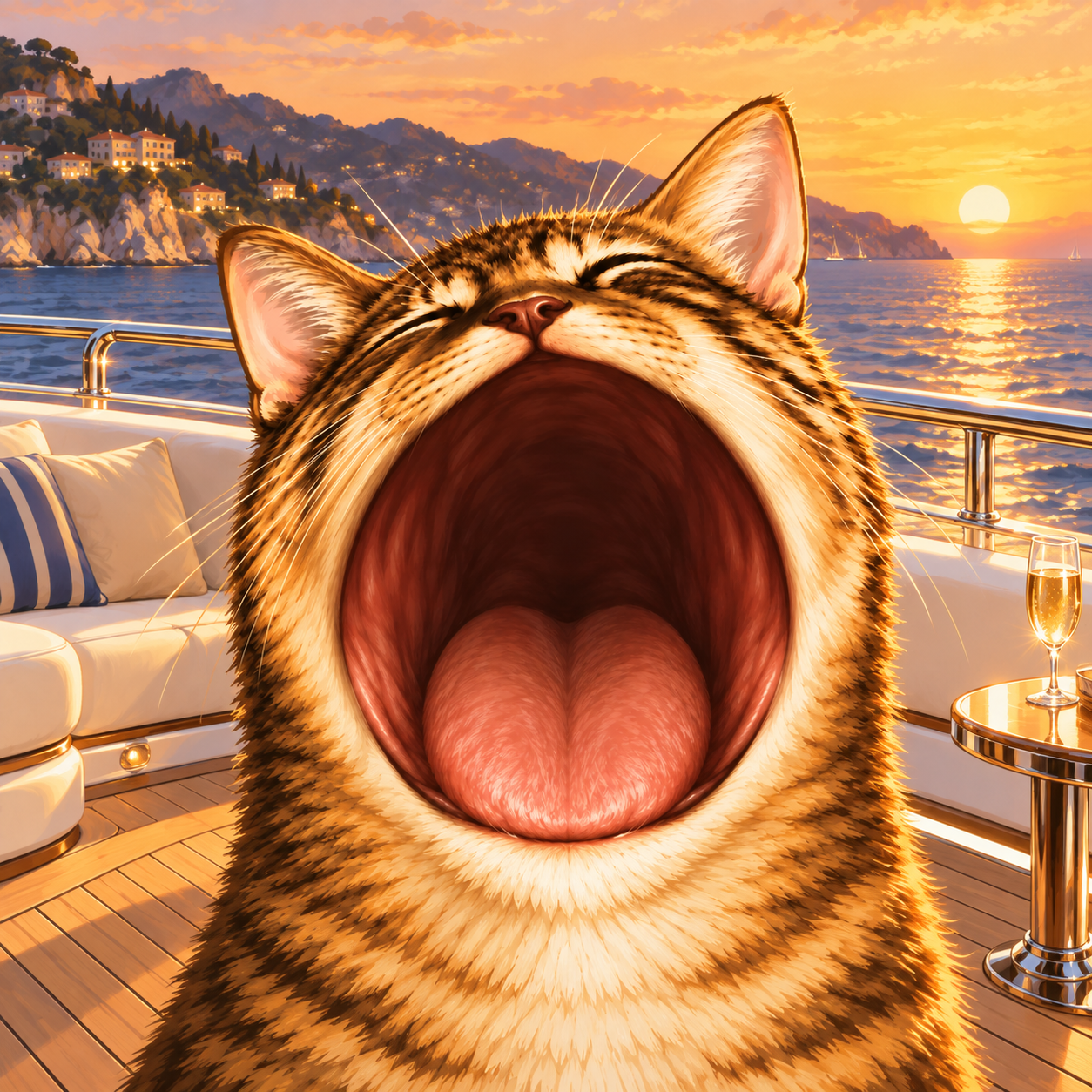 POPCATE aboard a yacht on the coast at sunset